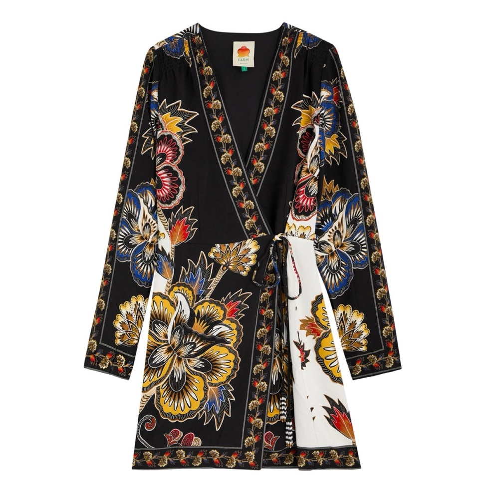 FARM Rio Floral Border Print Long Sleeve Wrap Minidress in Maxi Floral Black - Picture 2 of 16